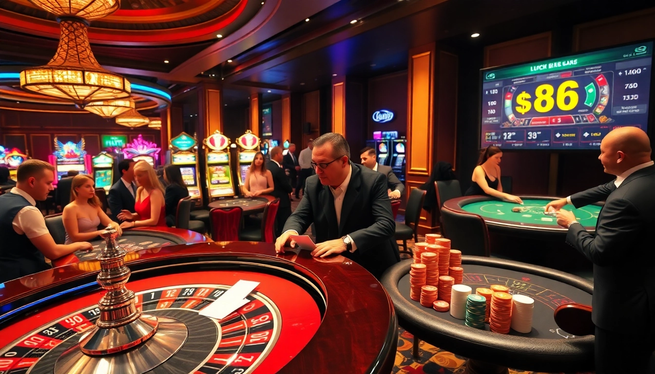 Exciting gaming scene at https://luck8s.live/ with roulette, poker, and vibrant slot machines.
