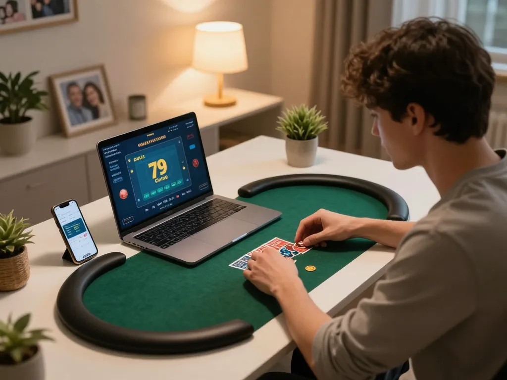 Engaging in an online poker game with nhà cái 79king on a laptop at home.