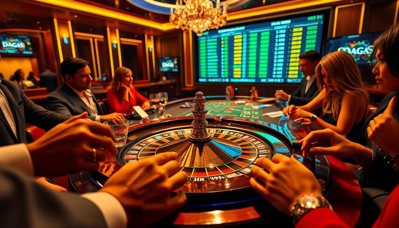 Daga casino scene with players engaged at the roulette table and vibrant chips on display.