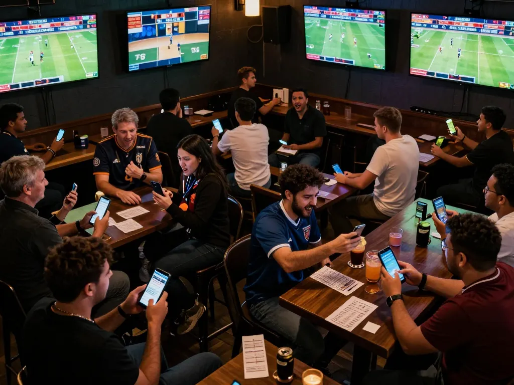 Fun88 users actively placing bets on live sports events with excitement at a bustling sports bar