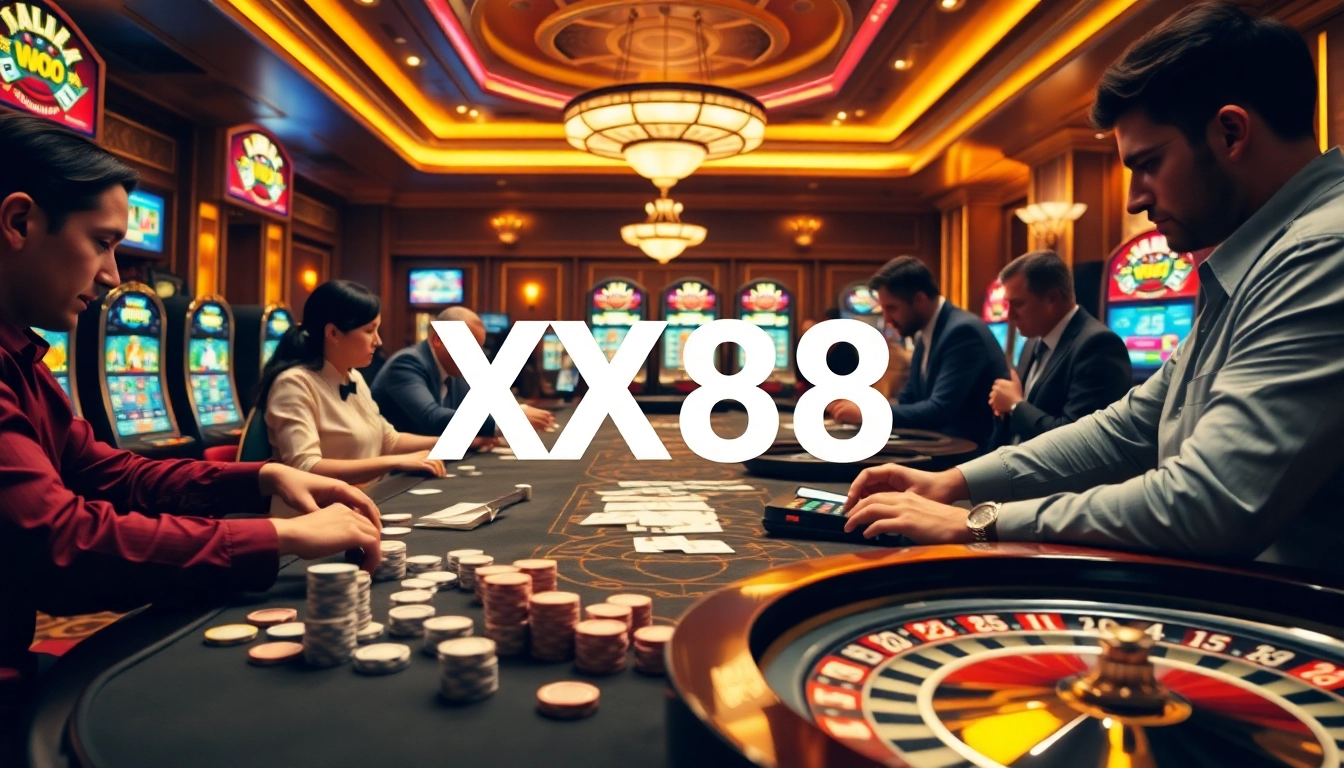 Players experiencing the thrill of betting at XX88's luxurious casino tables.