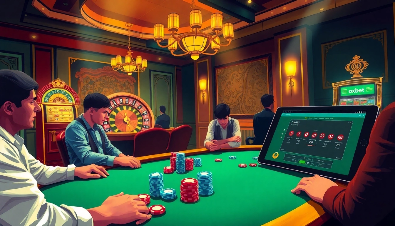 Exciting poker game in a luxurious casino setting showcasing https://oxbet7.com/ with colorful chips and a spinning roulette wheel.