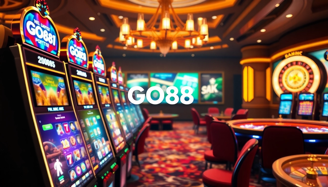 A dynamic gambling scene featuring Cổng Game GO88 with vibrant slot machines and poker chips.