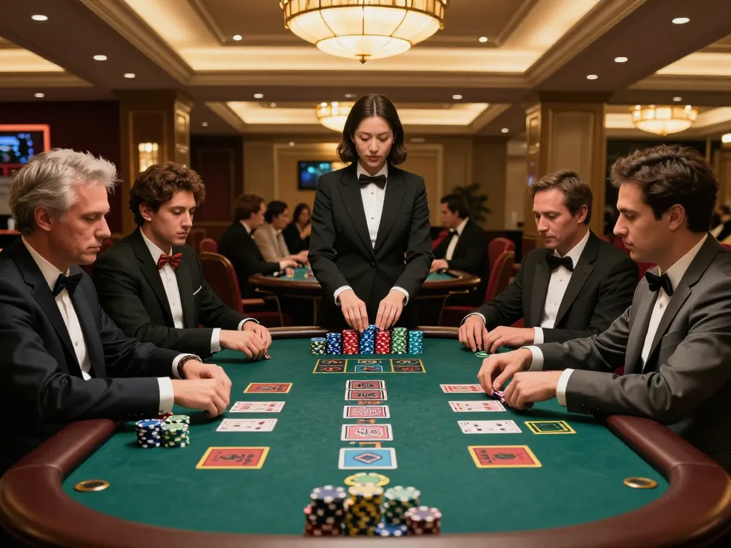 Engaged players at an OKFUN blackjack table place strategic bets in an elegant casino atmosphere.
