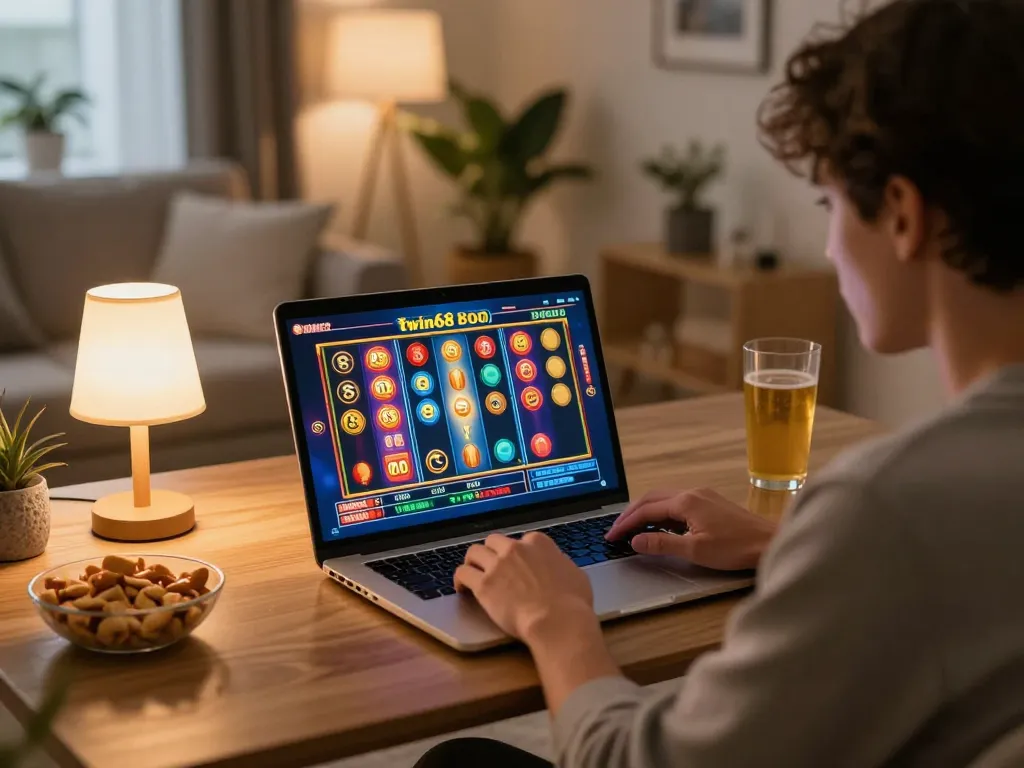 Player enjoying twin68 slots on a laptop in a cozy home setting, winning atmosphere with snacks nearby.