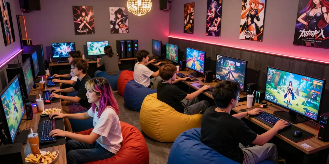 Playing hentai games HTML in a vibrant gaming lounge with engaged players and snacks.