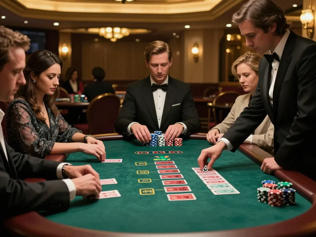 Các người chơi blackjack KO66 đang xây dựng chiến lược tại một sòng bạc cao cấp được chiếu sáng bởi ánh đèn vàng