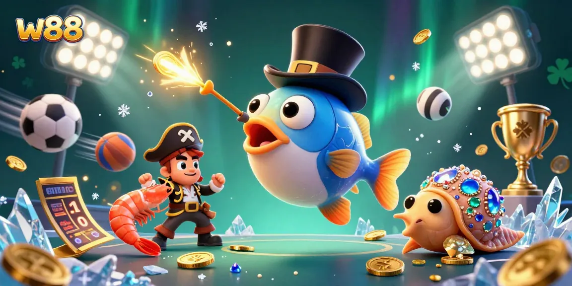 Engaging w88 casino illustration with cartoon characters and dynamic sports elements capturing the excitement of online gaming.