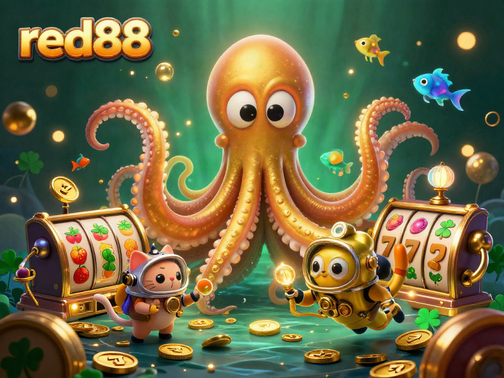Experience the thrill of red88 in this dynamic casino scene with a kraken and vibrant slot elements.