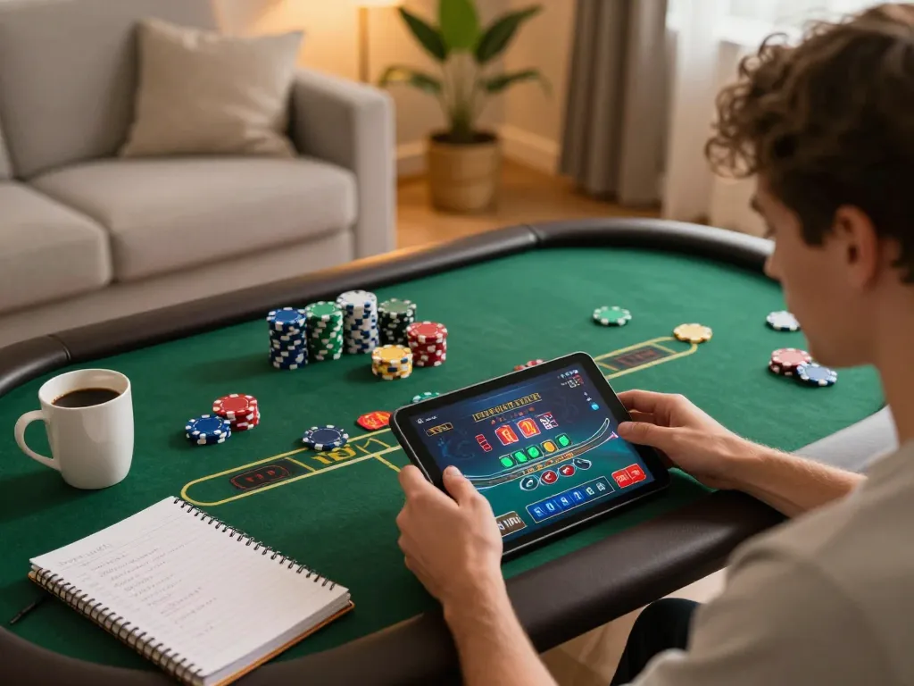 An exciting online gaming session with x88 displayed on tablet, showcasing poker gameplay with strategic notes at hand.