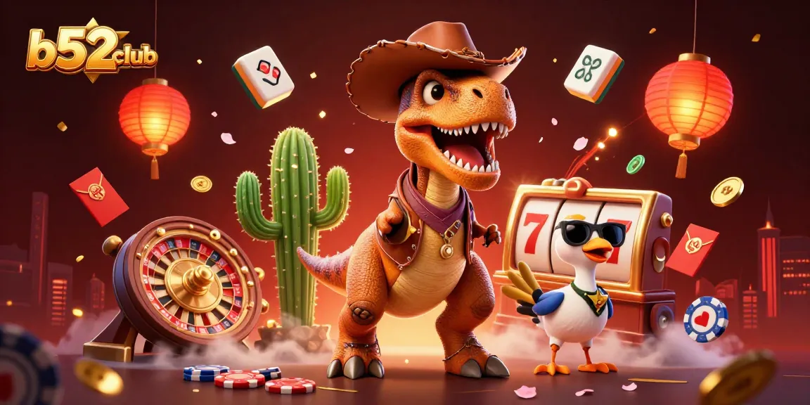 b52club showcases engaging casino elements with a dynamic dinosaur, cactus, and bird in a lively setting