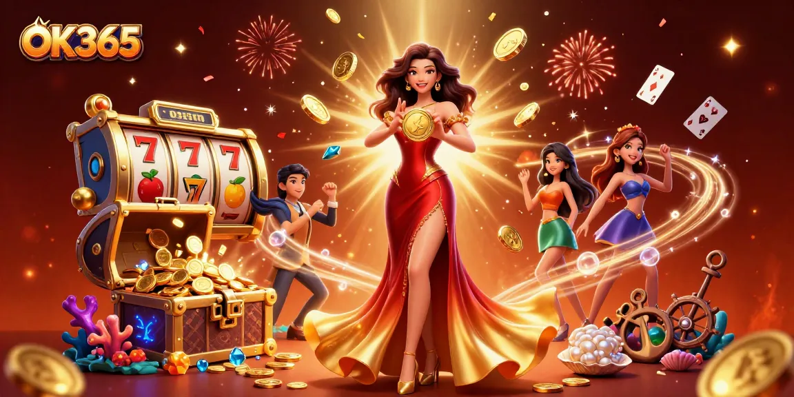 Experience the excitement of OK365 with a stunning casino scene featuring golden coins, playful slot elements, and a glamorous atmosphere.