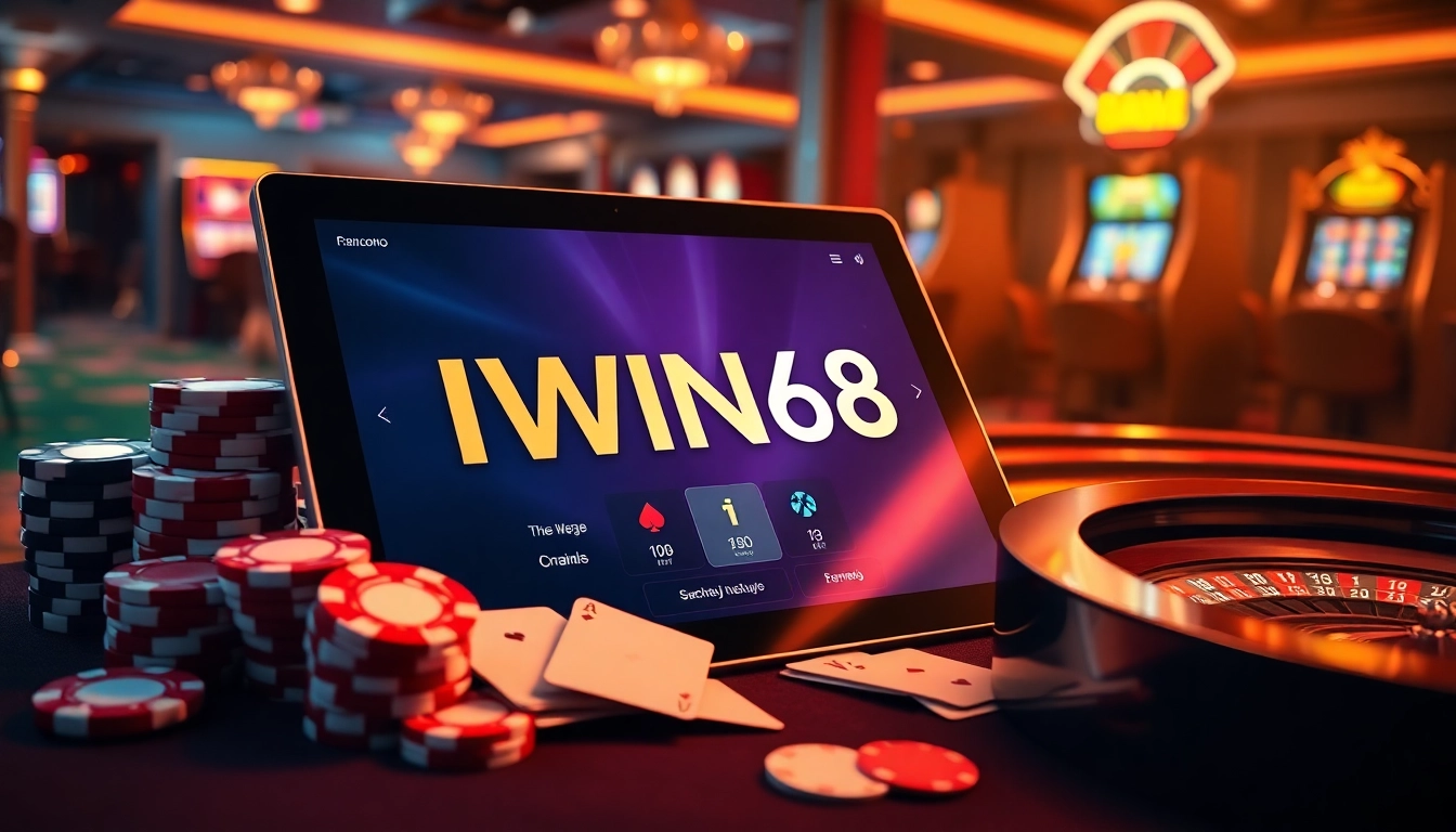 IWIN68 gaming interface showcased against a luxurious casino backdrop with cards and chips.