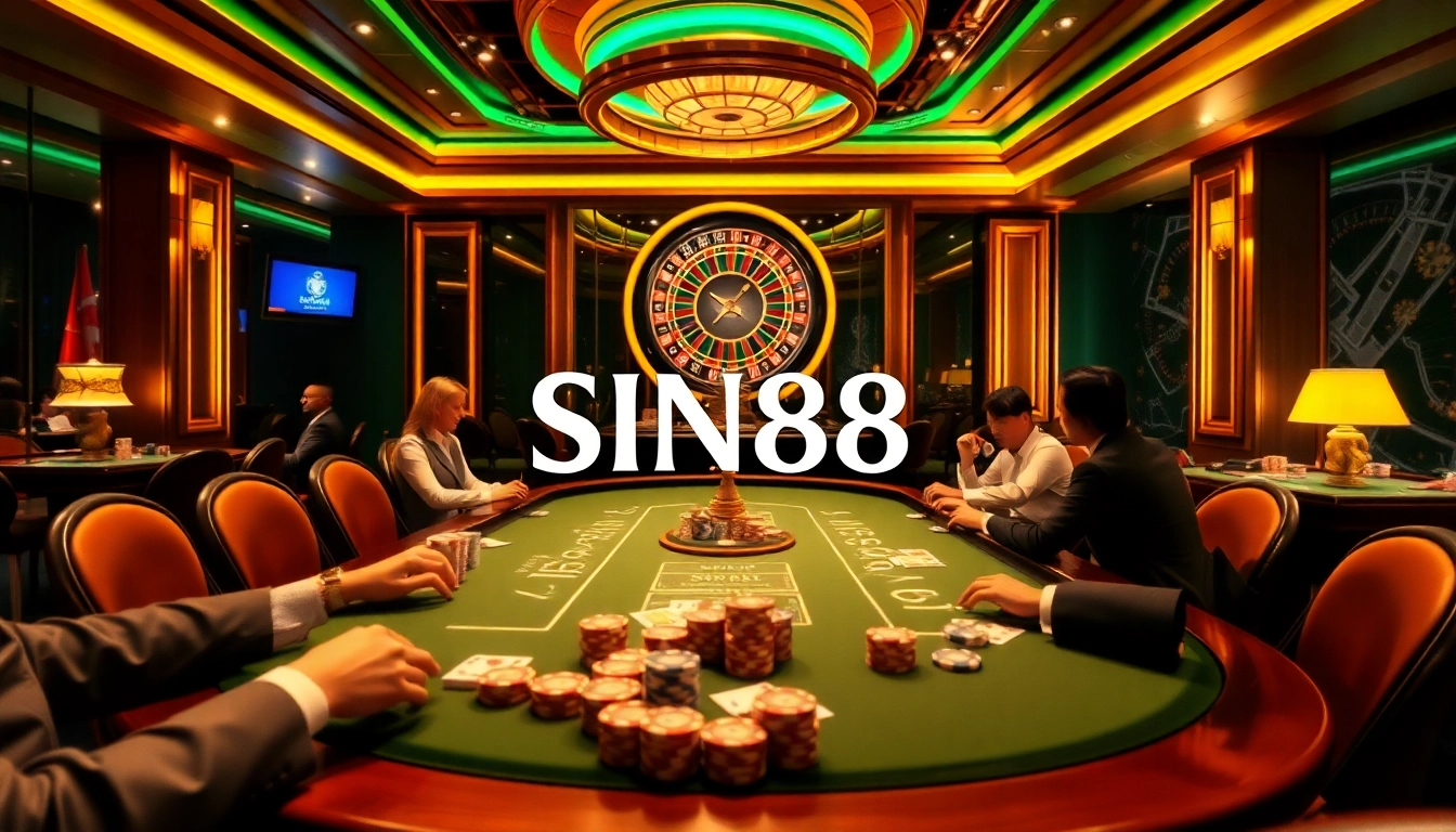 SIN88 casino scene featuring players at a poker table with vibrant chips and cards, roulette wheel in background