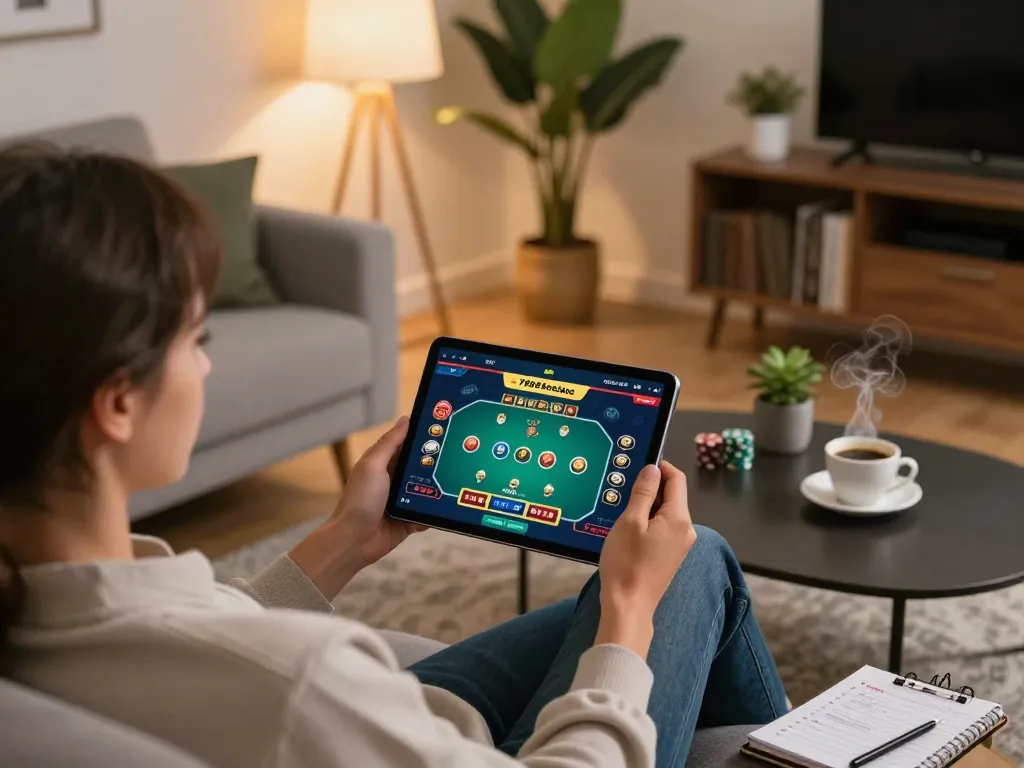 Engaging in online poker gaming with 789betgo on a tablet in a cozy living room.