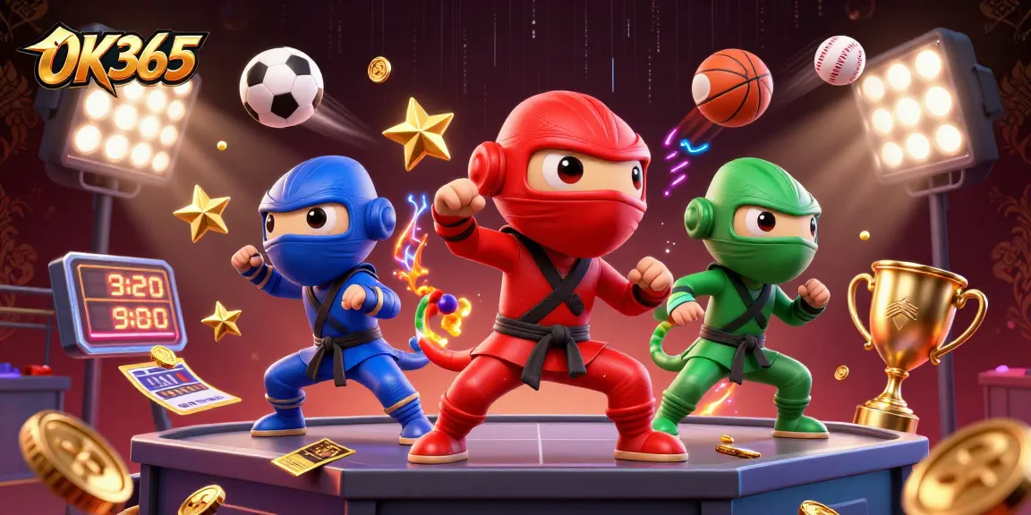 Experience thrilling gameplay at OK365 with a dynamic 3D illustration showcasing sports betting excitement.