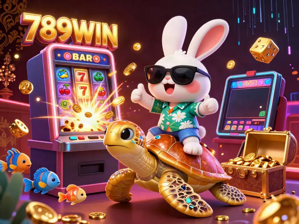 Experience the excitement of winning with 789WIN's vibrant casino scene featuring a lucky rabbit and golden sea turtle.