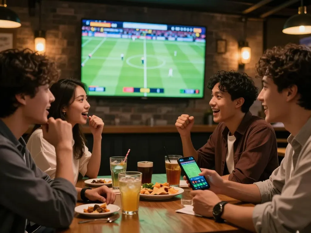 Tỷ lệ kèo nhà cái hôm nay seen on a smartphone amid friends cheering for a live football match.