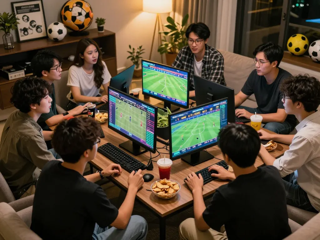 Tỷ lệ kèo nhà cái 5 captured with friends focused on live sports betting, analyzing odds together.