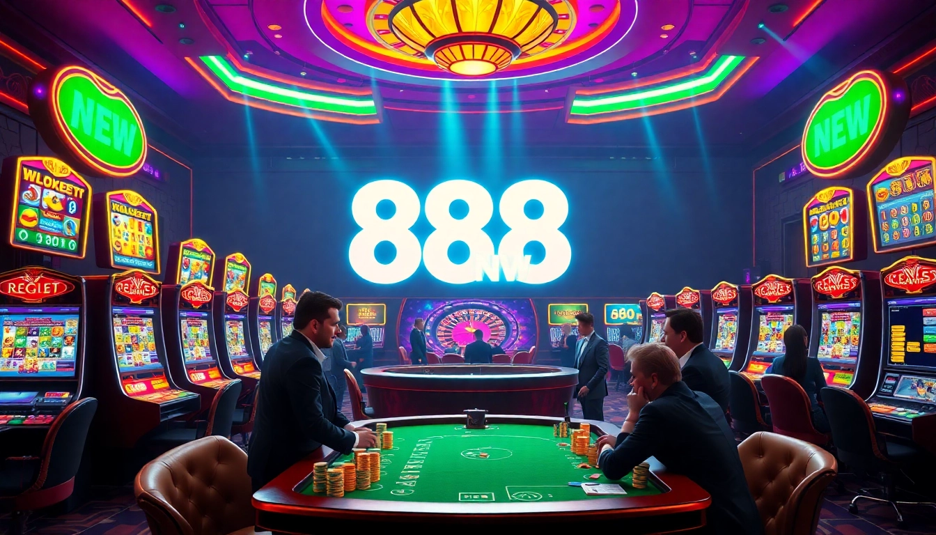 Exciting gaming action at nhà cái 888NEW showcasing vibrant slot machines and poker gameplay.