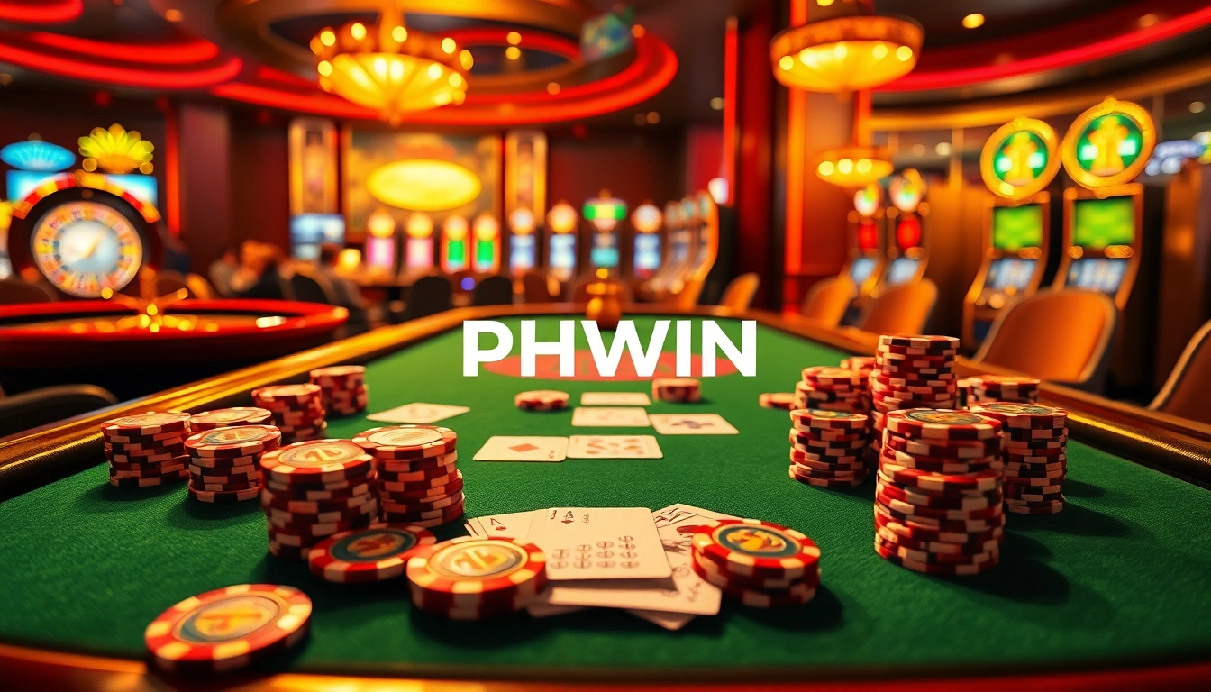 Experience high-stakes gaming at PHWIN with vibrant poker tables, roulette wheels, and slot machines.