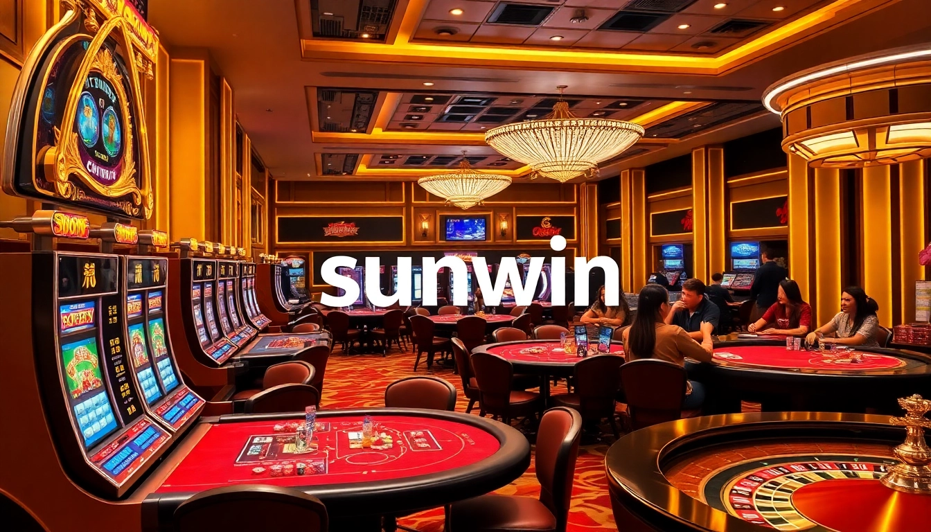 Players enjoying the vibrant casino atmosphere at sunwin with exciting slot machines and poker tables.