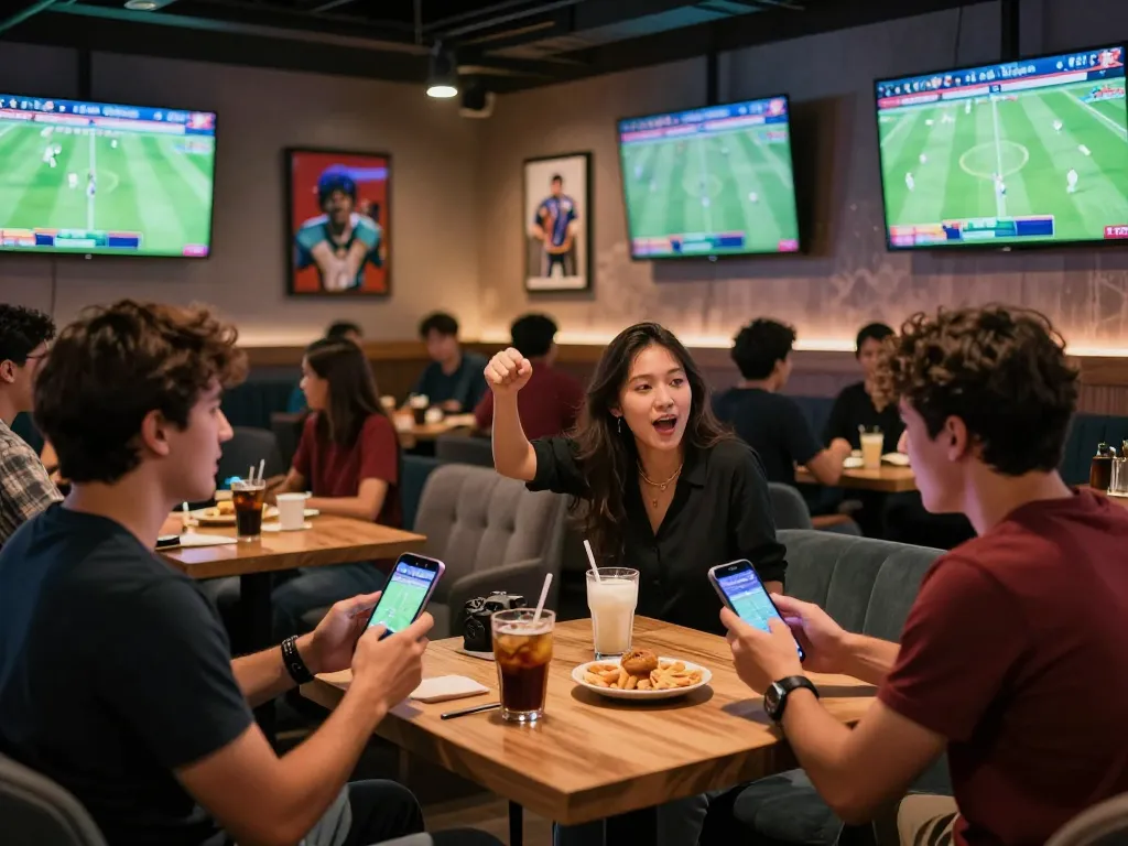 Exciting sports betting action on footballl games with fans enjoying mobile apps and live screens.