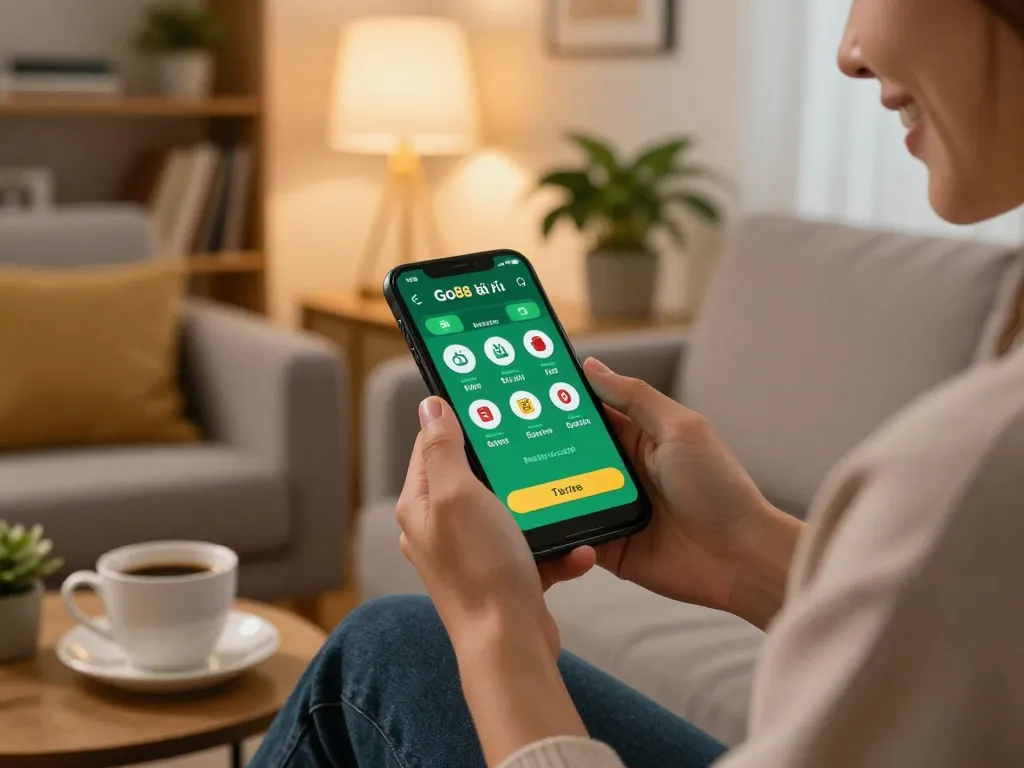 Engaged user playing Go88 tài xỉu on smartphone in a cozy living room while managing betting strategy.