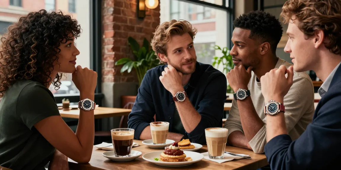 Showcase of replica watches in an urban café setting, featuring friends with luxury timepieces exemplifying craftsmanship.