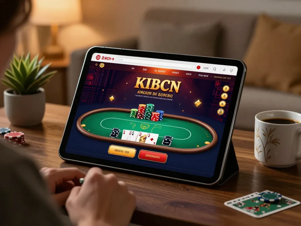 FLY88 online gaming session highlighting poker action on a modern tablet in a cozy setting.