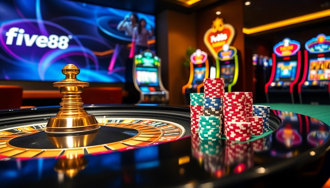 Experience thrilling casino excitement at five88 with vibrant slot machines and a roulette table.