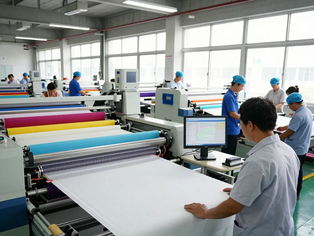 Sunwin textile manufacturing process showcasing vibrant fabrics and advanced technology in a modern factory.