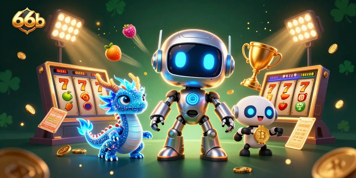 Experience thrilling gameplay at 66b with a vibrant 3D casino scene featuring robotic mascots and exciting slot elements.