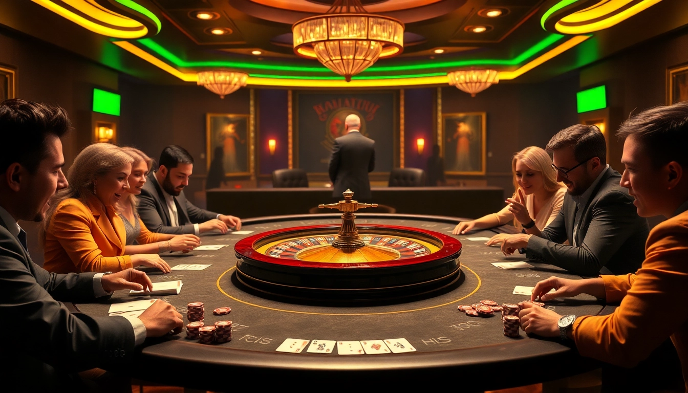 Players excitedly engage at a lavish casino table with mmoo poker chips, showcasing a thrilling gambling experience.