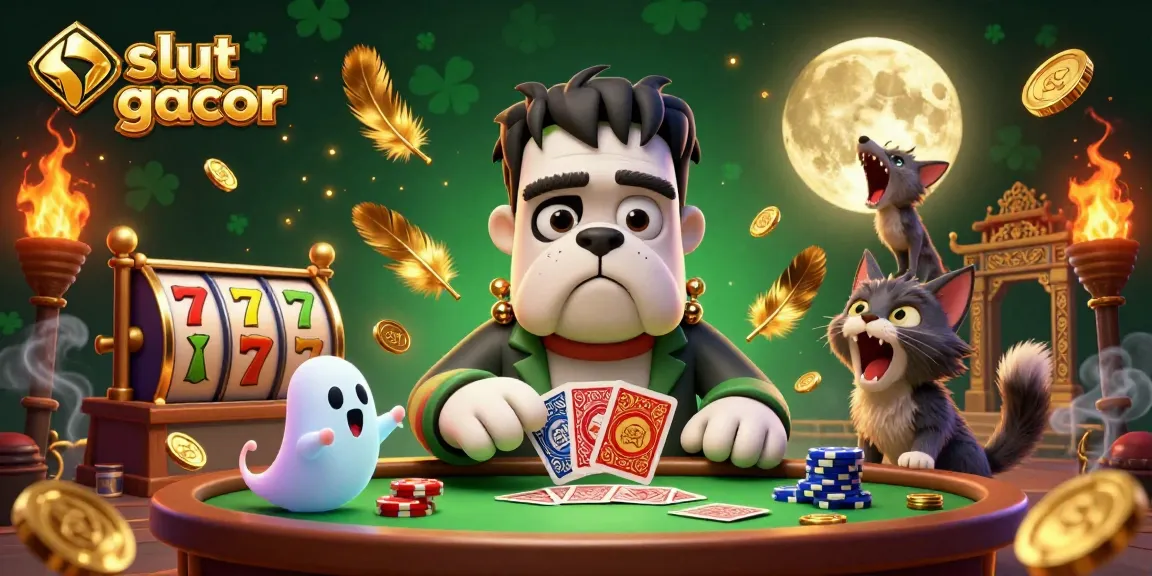 Engage with situs slot gacor as a Frankenstein bulldog deals cards amid floating mice and golden jackpots.