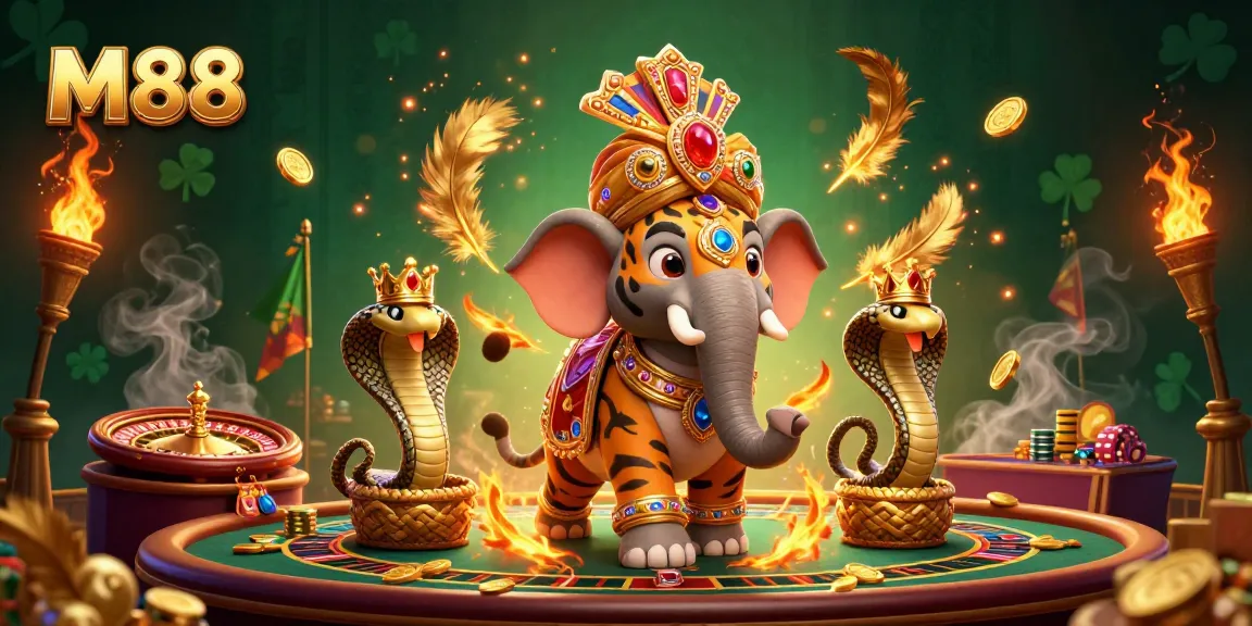 M88 delivers excitement with a 3D tiger maharaja and live casino action, surrounded by gold coins and dynamic elements.
