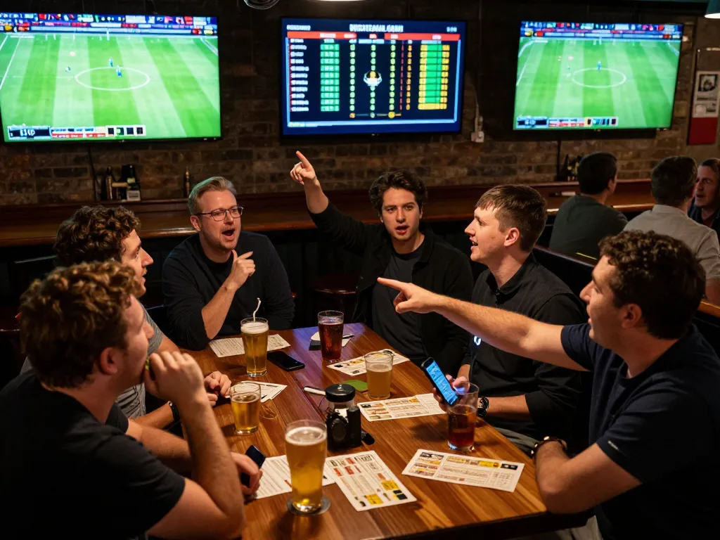 Engaged bettors analyzing tỷ lệ bóng đá on smartphones while watching live matches in a vibrant sports bar