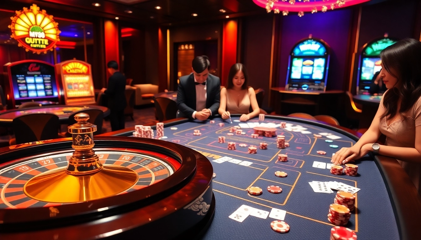 Experience luxury gambling at MV88 with a vibrant casino scene featuring poker chips and a roulette wheel.