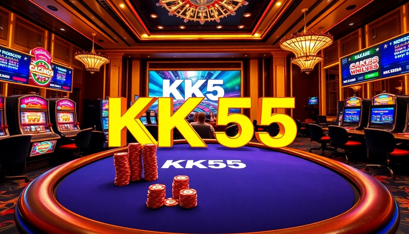 Exciting KK55 casino scene with poker games and vibrant slot machines.