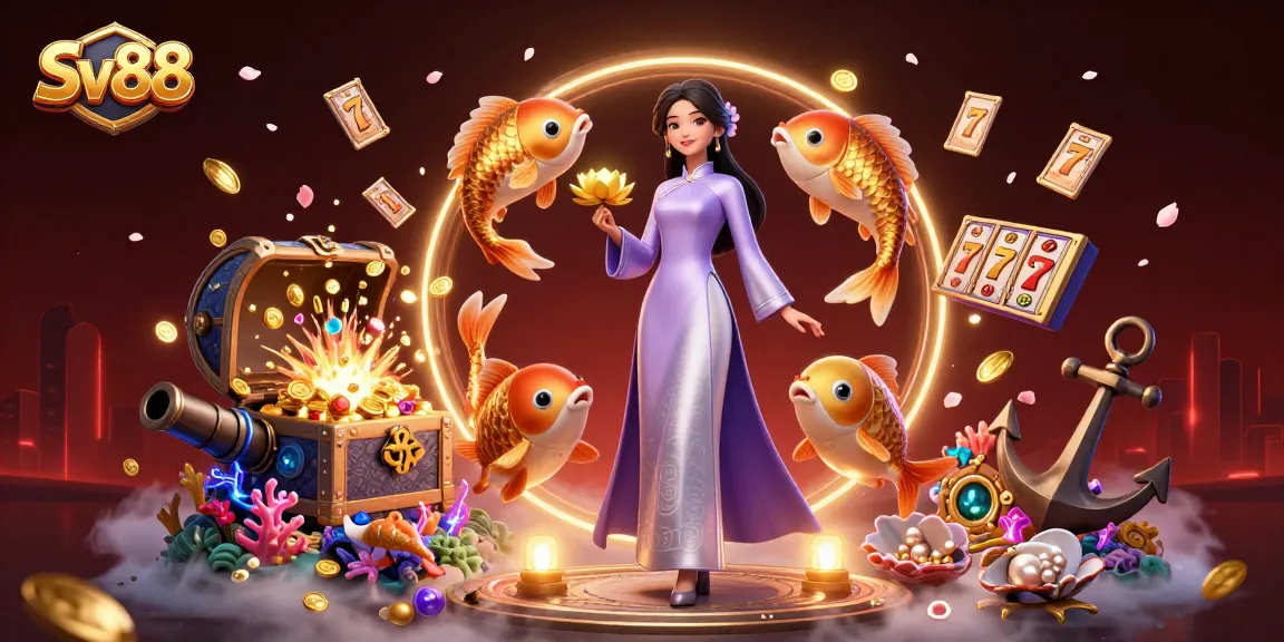 Sv88 showcases a vibrant gaming scene with an Asian woman and koi fish amidst slot reels and treasures