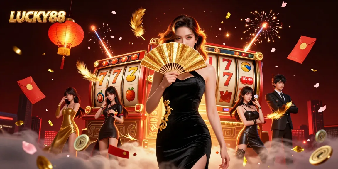 Play exciting games at LUCKY88, surrounded by vibrant slot reels and golden symbols.