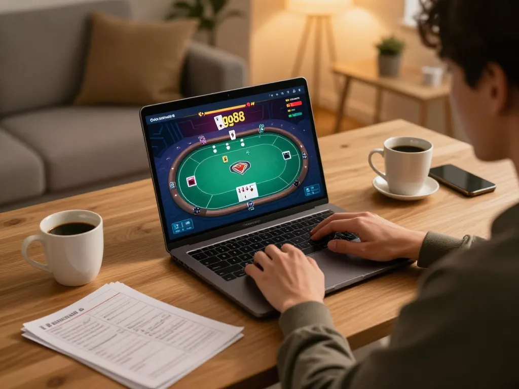 Engaging online gaming session on go88 while analyzing poker strategies at home.