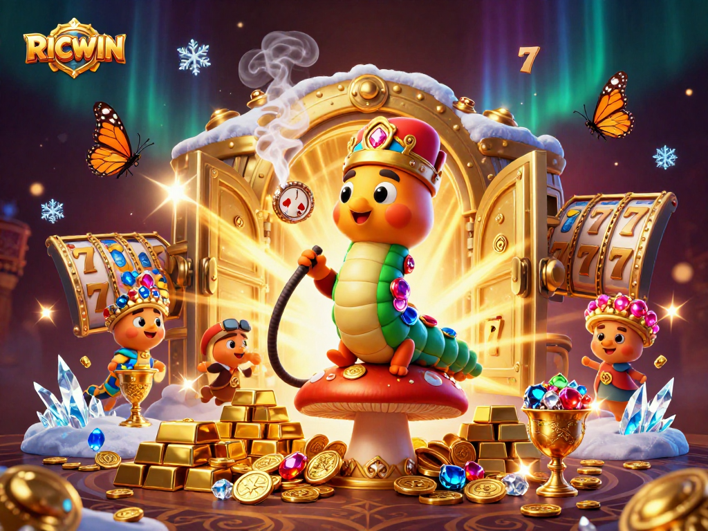 Experience winning gameplay action with RICWIN as a caterpillar master in a dynamic casino scene.