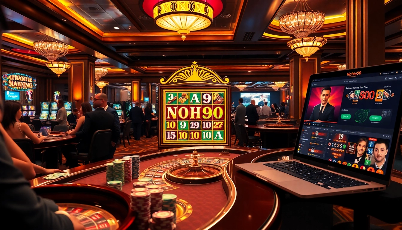 Players enjoying the Nohu90 slot machine amidst a vibrant casino atmosphere.