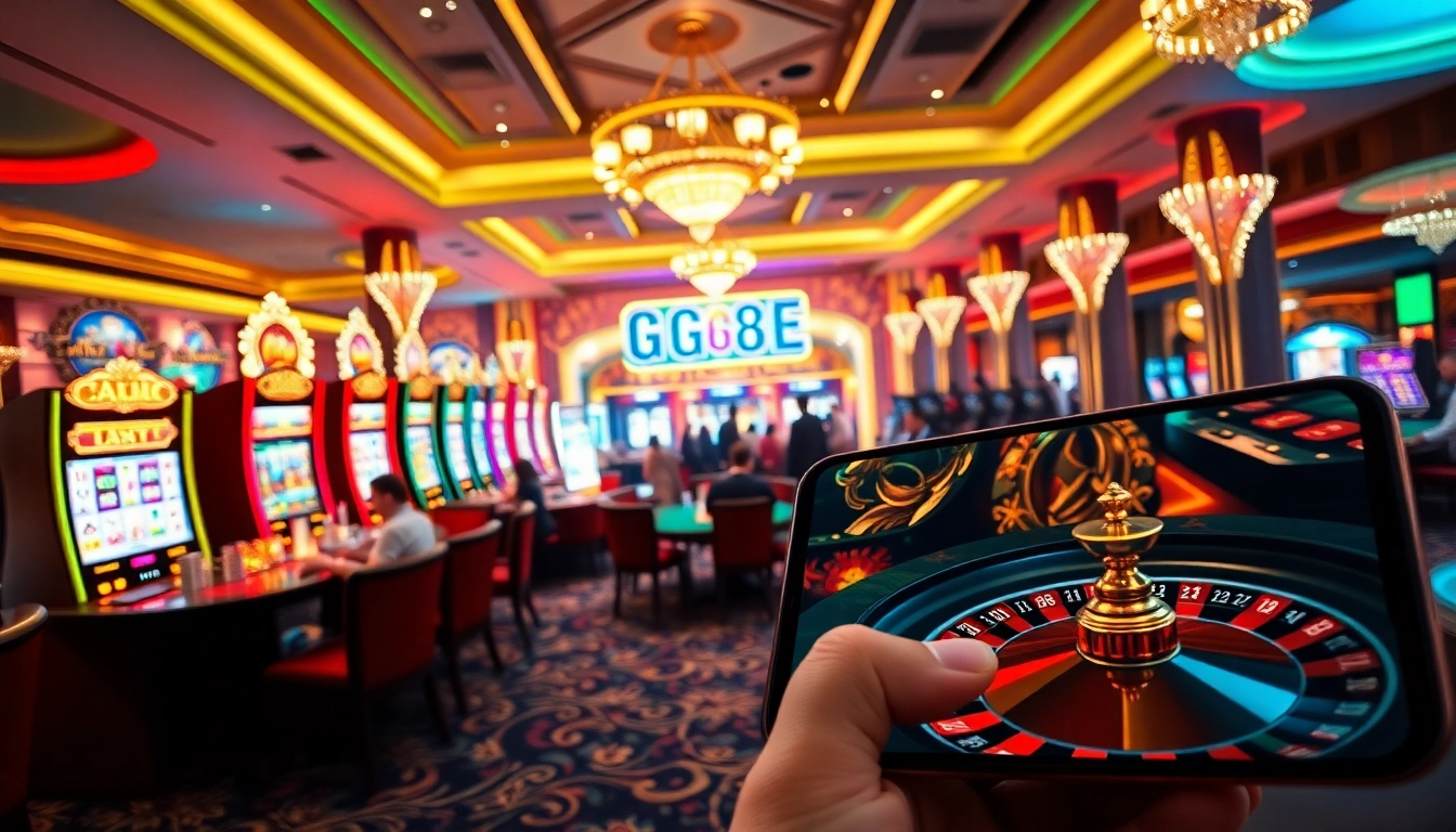 An exciting scene at https://gg88vn.asia/ showcasing a lively online casino with vibrant slot machines and poker tables.