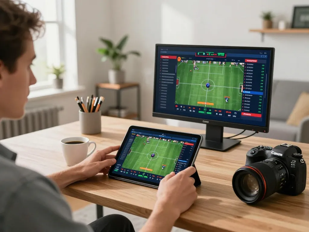 Player analyzing sports betting odds on 68win platform at a stylish desk with tablet and coffee
