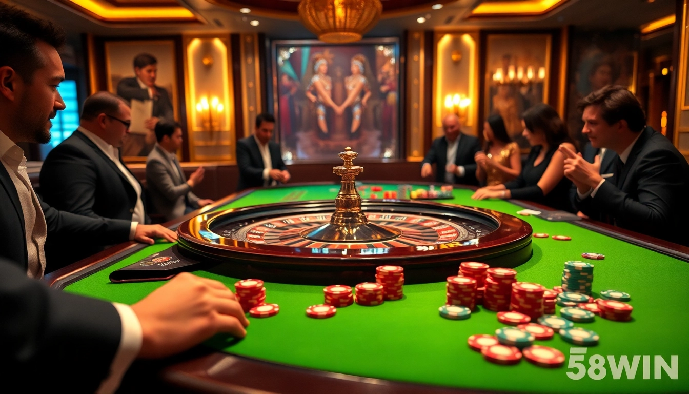 A vibrant casino scene showcasing excitement at nhà cái 58WIN with players at a gaming table during a thrilling roulette spin.