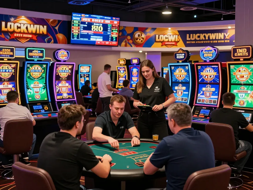 Luckywin vibrant gaming scene at an online casino with players engaged in betting excitement.