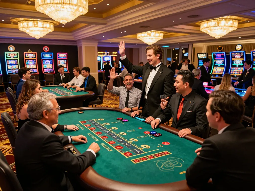 iwin players celebrating wins at a dynamic blackjack table in a vibrant casino atmosphere