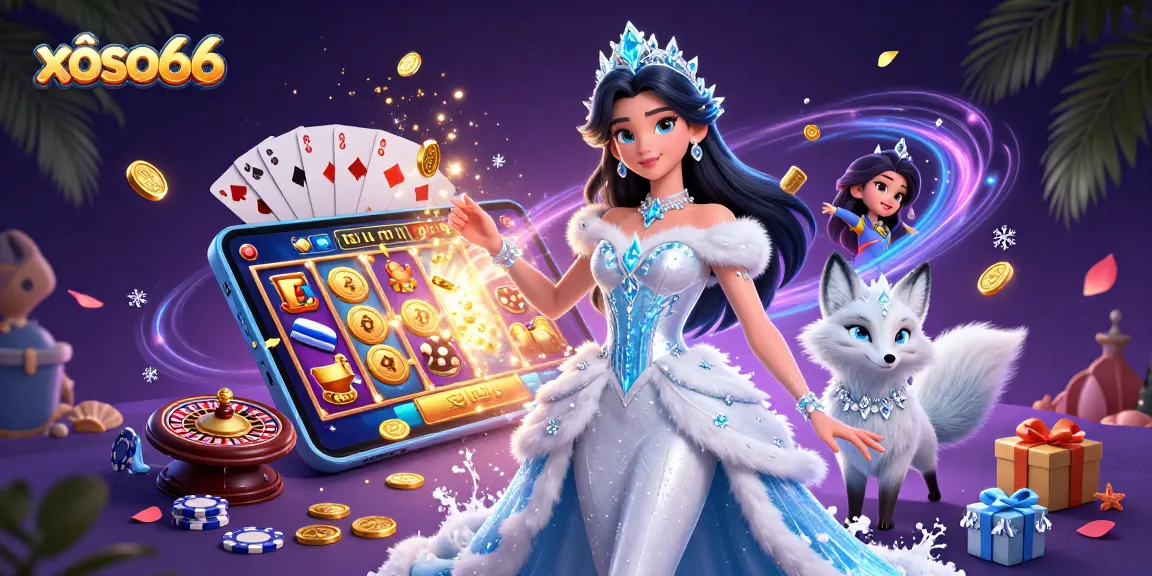 Xôso66 casino features a vibrant scene with a glamorous ice queen alongside a playful arctic fox in a dynamic gaming atmosphere.